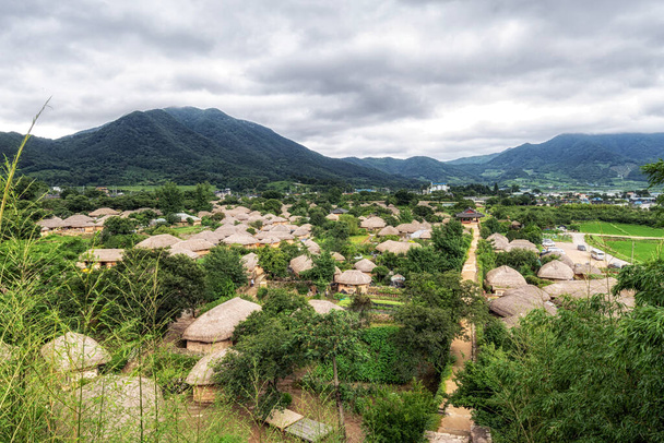 The view of Naganeupseong folk village in Suncheon, South Korea. Famous traditional Korean Joseon village taken during summer monsoon season - Photo, Image