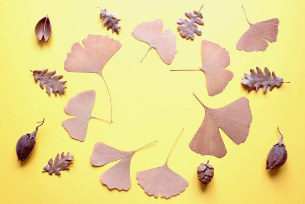 Autumn background with ginkgo and oak leaves on yellow paper. Copy space - Zdjęcie, obraz