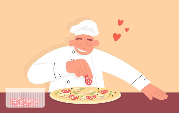 Chef prepares pizza by hand adding ingredients. Flat vector color cartoon icon. Consept for pizzeria. - Vector, Image