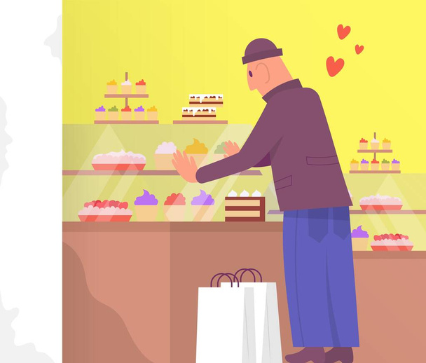 パン屋さんでケーキを選んで買ってくれる幸せな男性客。カラーフラットベクトル漫画イラスト. - ベクター画像