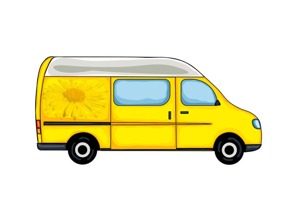 Sarı bahar çiçeği resmi olan sarı minibüs. Beyaz arka planda izole edilmiş. Görüntü.  - Vektör, Görsel