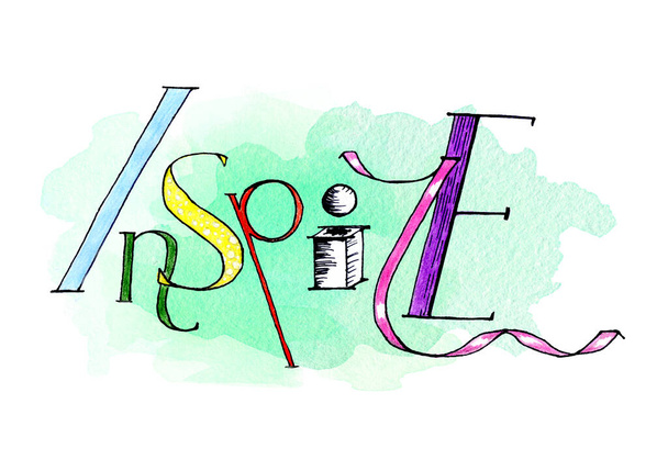 Met de hand getekend kleurrijk woord Inspireer op een zachte aquarel vlek - Foto, afbeelding