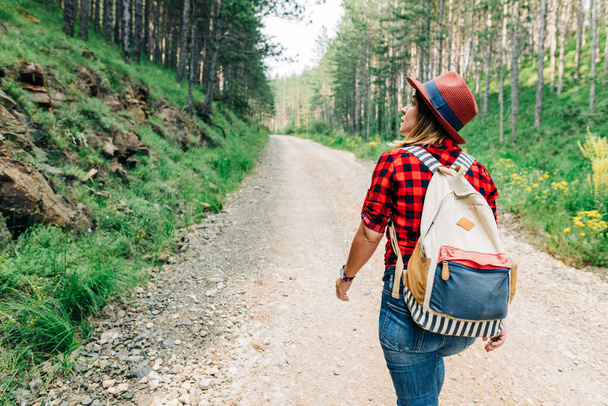 Jonge vrouwelijke natuur ontdekkingsreiziger wandelen op berg onverharde weg - Foto, afbeelding