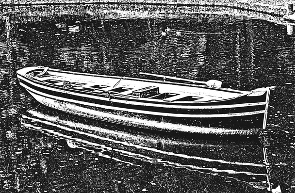 Old worn wooden boats on the river bank. Distressed vector Illustration. Black and white background. - Vector, Image