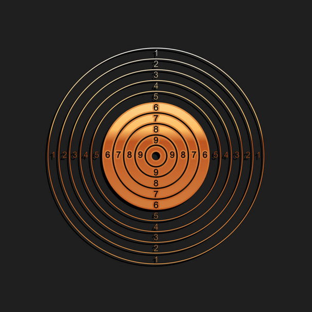 Gold Target sport pro natáčení soutěže ikona izolované na černém pozadí. Čistý cíl s čísly pro střelnici nebo střelbu z pistole. Dlouhý stínový styl. Vektor. - Vektor, obrázek