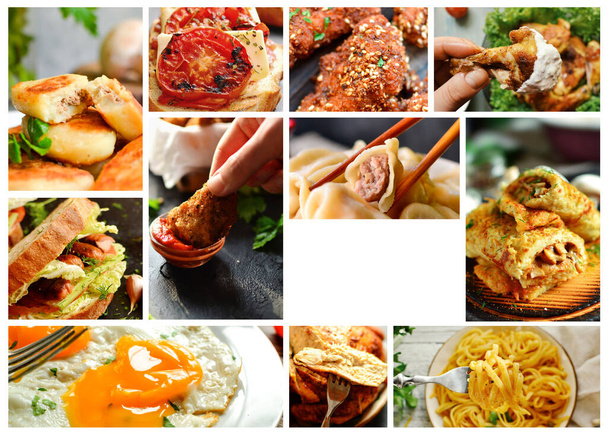 Various tasty food close-up. Food collage. Assortment and menu. Free space for text. - Photo, Image