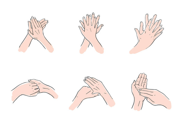 Zasady mycia rąk. Dezynfekcja bakterii i drobnoustrojów Higieniczne leczenie infekcji. Ręcznie rysowane ilustracje.Jak prawidłowo umyć ręce - Zdjęcie, obraz