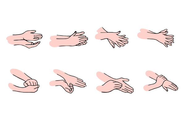 El yıkama kuralları. Bakteri ve mikroplardan korunmak. Ellerin hijyenik tedavisi. Elle çizilmiş bir resim. Ellerini nasıl doğru dürüst yıkayacağını. - Fotoğraf, Görsel
