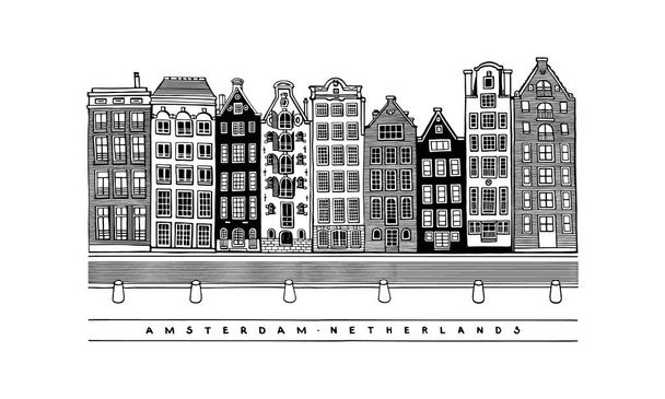 Λεωφόρος Ντάμρακ. Κεντρικός δρόμος, σπίτια και κανάλια του Άμστερνταμ, Ολλανδία. Ευρωπαϊκή πόλη. Χειροποίητη συλλογή αστικών σκίτσα. Εικονογράφηση διανύσματος. - Διάνυσμα, εικόνα