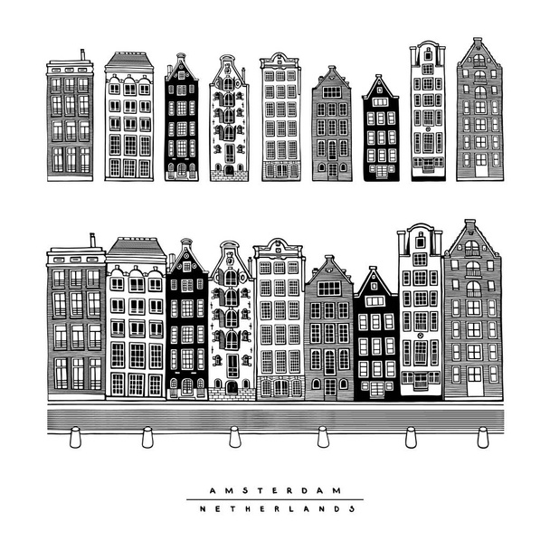 Комплект будинків на проспекті Дамрак, Амстердам, Нідерланди. Центральна вулиця, будинки і канали. Намальована вручну колекція карт міських ескізів. Вікторна ілюстрація європейського міста. - Вектор, зображення