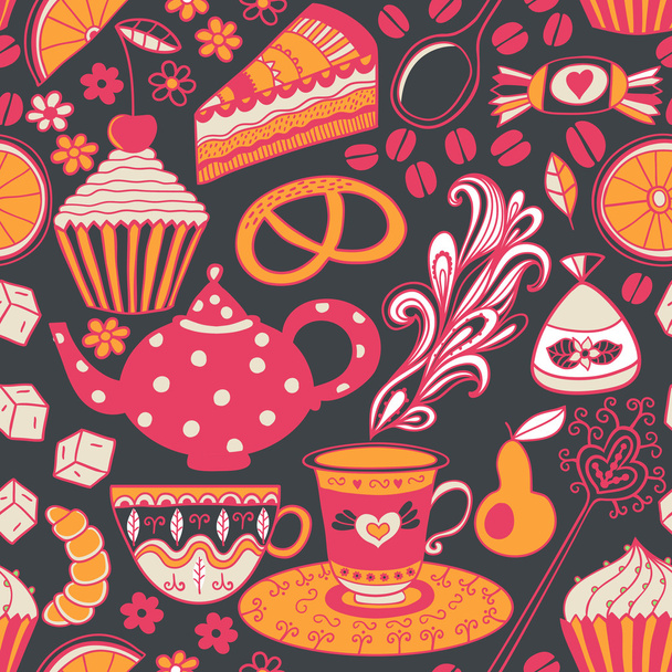 Tea vector seamless doodle teatime backdrop.Cakes to celebrate a - Vector, afbeelding