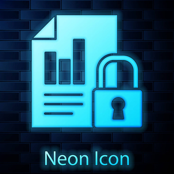 Glowing neon Document and lock icon isolated on brick wall background. File format and padlock. Security, safety, protection concept.  Vector Illustration. - Vector, Image