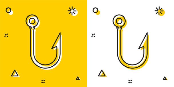 Černá Rybářský hák ikona izolované na žlutém a bílém pozadí. Rybářské náčiní. Náhodné dynamické tvary. Vektorová ilustrace. - Vektor, obrázek