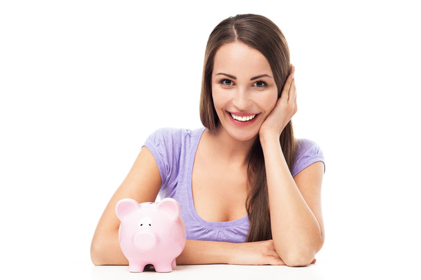 Woman with piggy bank - Foto, Imagem