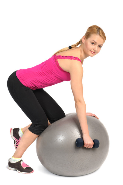 One-Arm Dumbbell Row on Stability Fitness Ball Exercise - Photo, Image