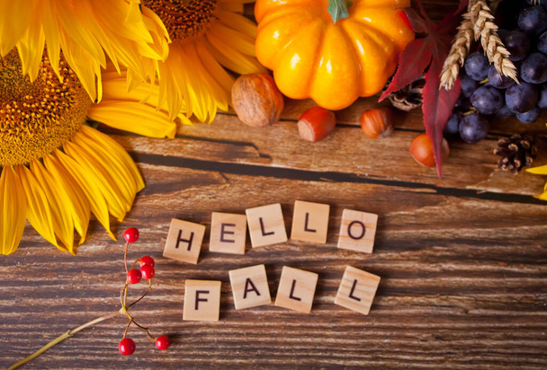 Greeting card with hello fall text. Composition with pumpkin, autumn leaves, sunflower and berries on the wooden background. Cozy autumn mood concept - Photo, Image