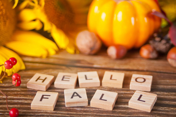 Greeting card with hello fall text. Composition with pumpkin, autumn leaves and berries on the wooden background. Cozy autumn mood concept - Photo, Image