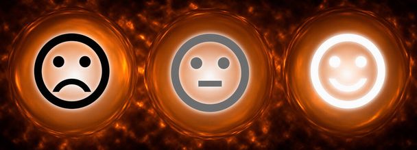 Kręgi z twarzami reprezentujące pozytywne, negatywne i neutralne klasy, emocje. Abstrakcyjne tło. Ilustracja 3D. - Zdjęcie, obraz