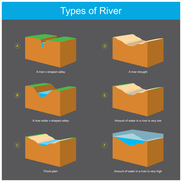 Tipos de río. Diagrama 3D explica la condición de la geografía en separado que fluye un tipo de río - Vector, imagen
