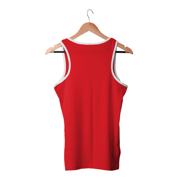 Attrapez ce T-shirt débardeur masculin Mock Up In Flame Scarlet Color With Hanger est un modèle vierge simple et moderne. - Photo, image