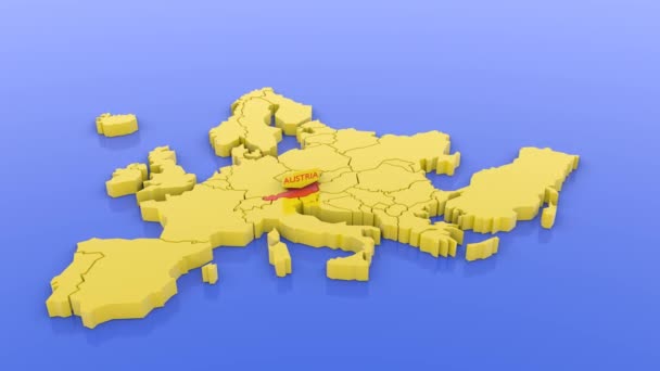 Eine in 3D gerenderte Europakarte in Gelb, die Österreich in Rot mit einem Kartenaufkleber fokussiert. 3D gerenderte Illustration. - Filmmaterial, Video
