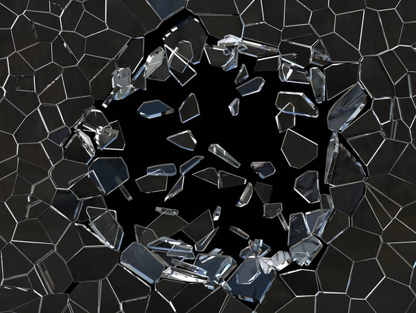 Glasfenster zersplittert in kreisrunde - radiale Form und in hunderte kleine Stücke - Foto, Bild