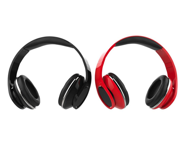 Fones de ouvido sem fio modernos preto e vermelho lado a lado
 - Foto, Imagem