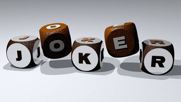 połączenie JOKER-a zbudowane z liter sześciennych z najwyższej perspektywy, doskonałe do prezentacji koncepcyjnej. Ilustracja i klaun - Zdjęcie, obraz