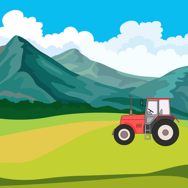 achtergrond, uitzicht op het landschap met bergen, tractor in het veld, voor verschillende ontwerpen - Vector, afbeelding
