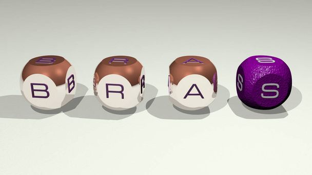 кроссворды BRAS расставлены кубическими буквами на зеркальном полу, концептуальное значение и презентация. фон и нижнее белье - Фото, изображение
