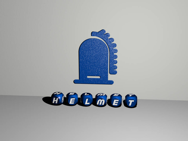 3D-Darstellung des Helms mit Icon an der Wand und Text, angeordnet durch metallische kubische Buchstaben auf einem Spiegelboden für Konzeptbedeutung und Diashow-Präsentation. Abbildung und Hintergrund - Foto, Bild