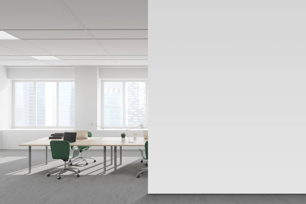 Interior of modern open space office with white walls, carpeted floor and row of computer tables. Mock up wall. 3d rendering - Fotoğraf, Görsel