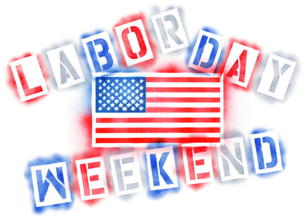 Amerikai Egyesült Államok zászló és Labor Day Hétvégi szöveg piros, fehér és kék spray festék stencilek elszigetelt fehér - Fotó, kép