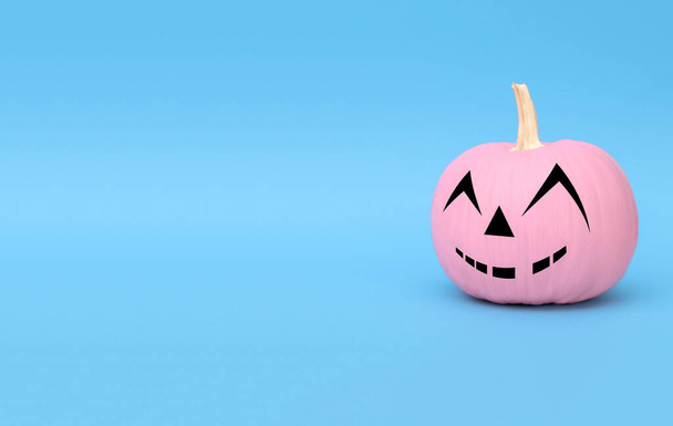 Vaaleanpunainen pieni kurpitsa, jolla on hymy pastellin sinisellä taustalla. Minimalistinen halloween käsite. - Valokuva, kuva