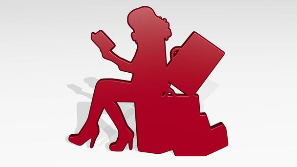 libro di lettura viaggiatore femminile stand con ombra. Illustrazione 3D di scultura metallica su sfondo bianco con texture delicata. donna e bella - Foto, immagini