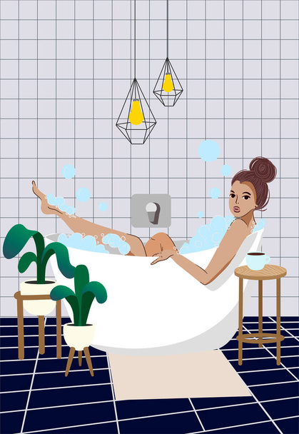 A mulher está a tomar banho. Relaxamento na casa de banho. Ilustração dos desenhos animados vetoriais
. - Vetor, Imagem