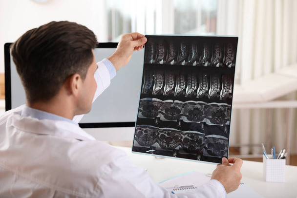 Ortopéd röntgenképet vizsgál az asztalnál a klinikán. - Fotó, kép