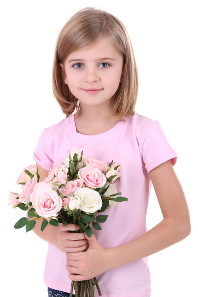 Beautiful little girl holding bouquet isolated on white - Foto, afbeelding