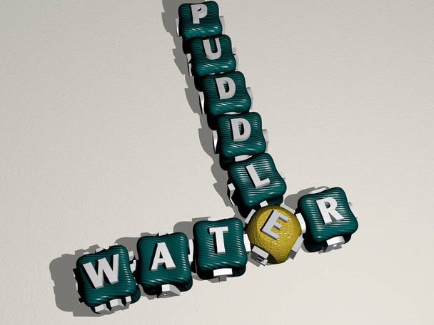Kombination aus Wasserpfütze aus kubischen Buchstaben aus der Oberperspektive, hervorragend für die Konzeptpräsentation. Hintergrund und blau - Foto, Bild