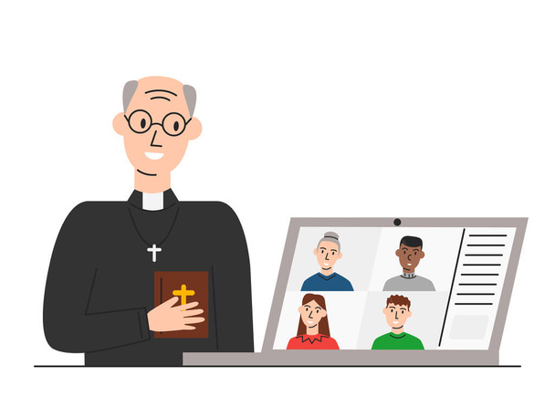 Vektorové ilustrace on-line církve a pastor pozdrav farníky izolované. Starší kněz držící Bibli svatou a dirigující bohoslužby v přímém přenosu. Svolejte konferenci k modlitbě během karantény - Vektor, obrázek