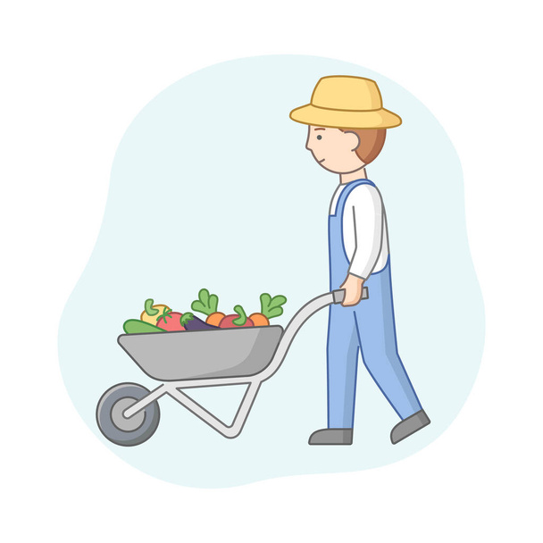 Linear Cartoon Farmer In Hat and Denim Overalls Pushing Wheelbarrow With Vegetables. Молодой сельскохозяйственный работник с сельской техникой. Корзина, полная летней жатвы. Векторный контур - Вектор,изображение