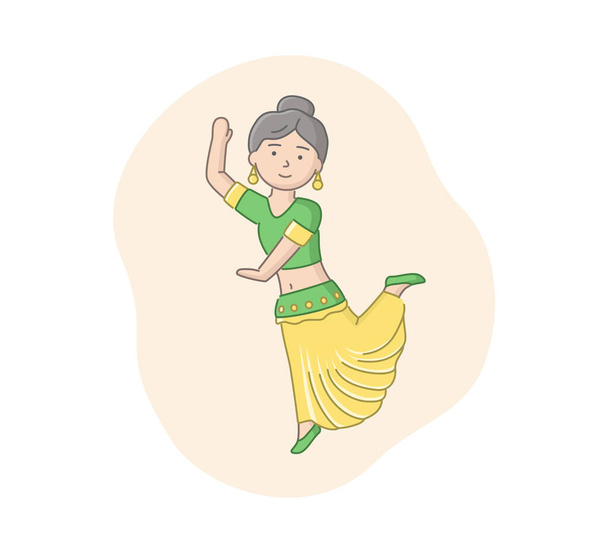 Vrouw van India draagt traditionele groene en gele outfit dansen. Vrouwelijke Indiase danseres personage die naar de muziek gaat. Lineair object op witte achtergrond. Kleurrijke vectorillustratie met contouren - Vector, afbeelding