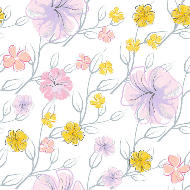 Pink Flowers Blooming Pattern. Pastel Watercolor. - Вектор,изображение