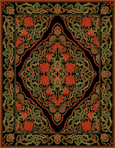 Plantilla para alfombra, textil, chal. Adorno floral oriental con marco. Patrón con flores rojas. - Vector, imagen