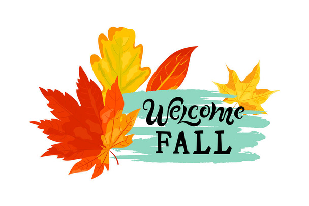 Handwriting lettering Welcome Fall with autumn leaves. Place for text. Vector illustration. - Вектор,изображение