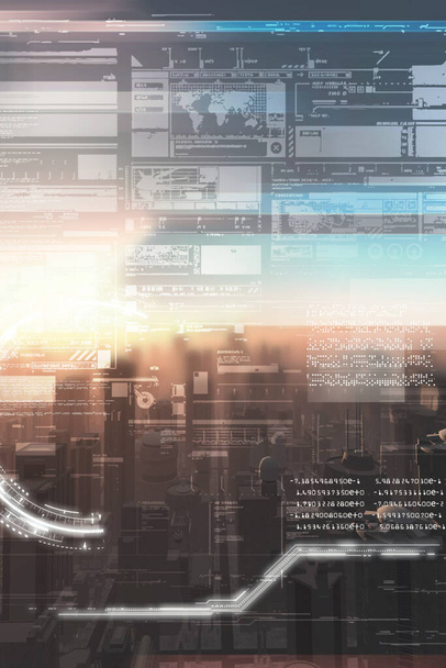 Panel futurista con datos de información y ciudad en segundo plano. Concepto de innovación futura. ilustración de renderizado 3d - Foto, imagen