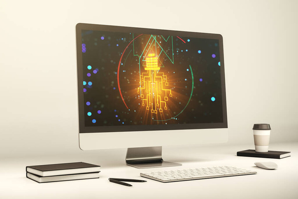 Modern computer monitor with creative light bulb hologram and chip on laptop background, idea and brainstorming concept. 3D Rendering - Fotoğraf, Görsel