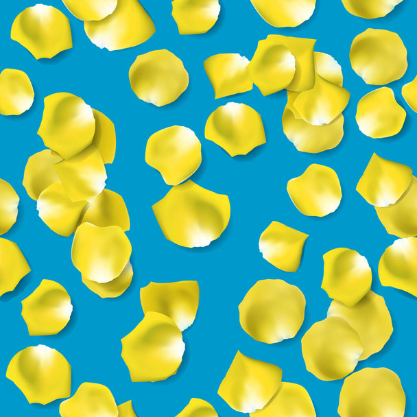 Pétalos de rosa amarilla sobre fondo azul. Patrón sin costuras. Ilustración vectorial - Vector, imagen
