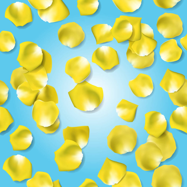 Gele rozenbloemblaadjes op blauwe achtergrond. Naadloos patroon. Vectorillustratie - Vector, afbeelding