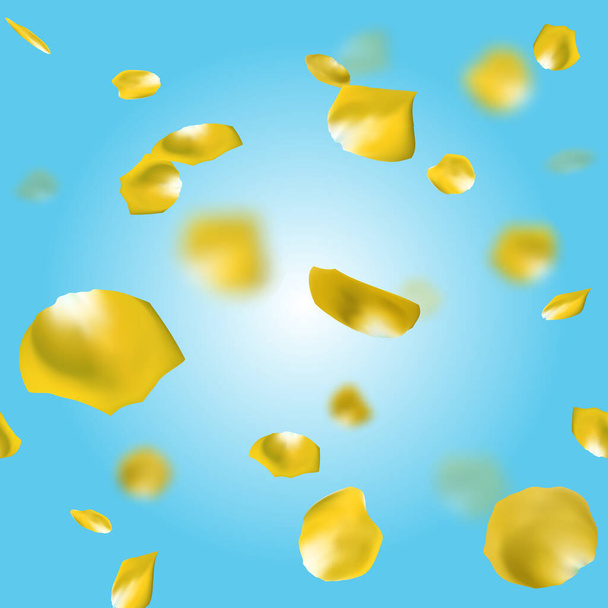 Falling yellow rose flower petals on blue background. Seamless pattern. Vector illustration - Vector, Image